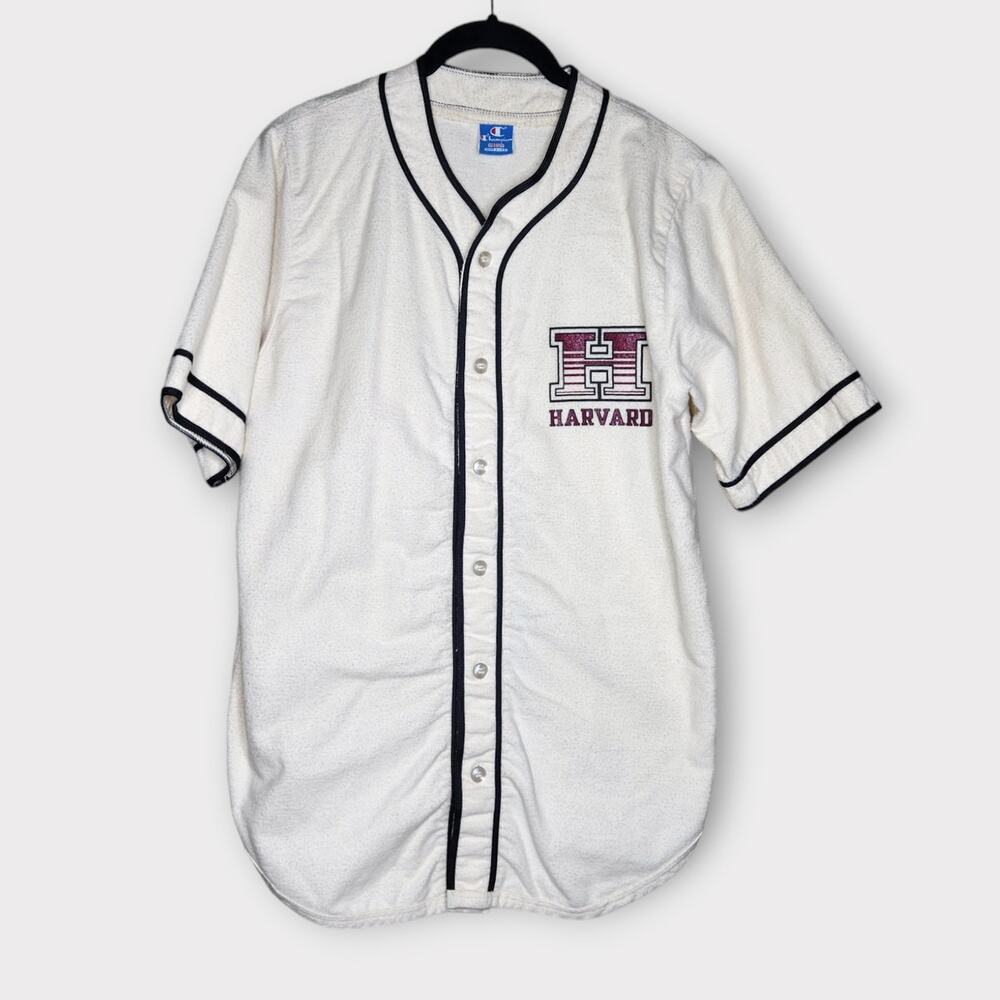 Vintage Champion Mens Harvard Baseball Jersey White USA Made Button Front M